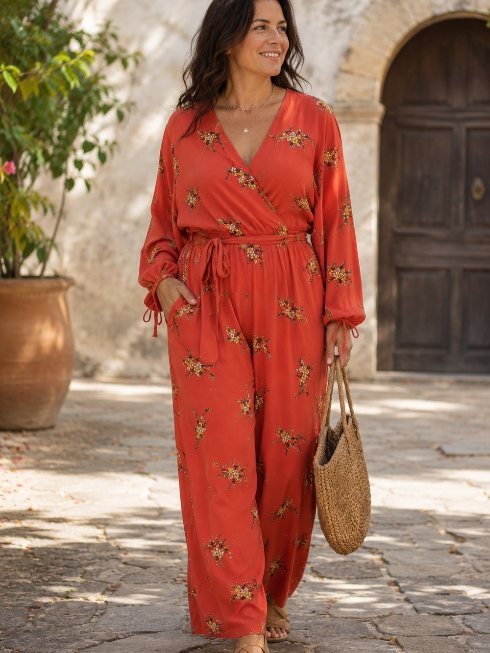 As U Wish Floral Jumpsuit Large Boho Wrap Long Sleeve Cottagecore Romper